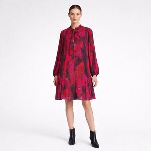 DKNY Floral Balloon Sleeve Pintuck Dress Sheer Long Sleeve Bow Neck large